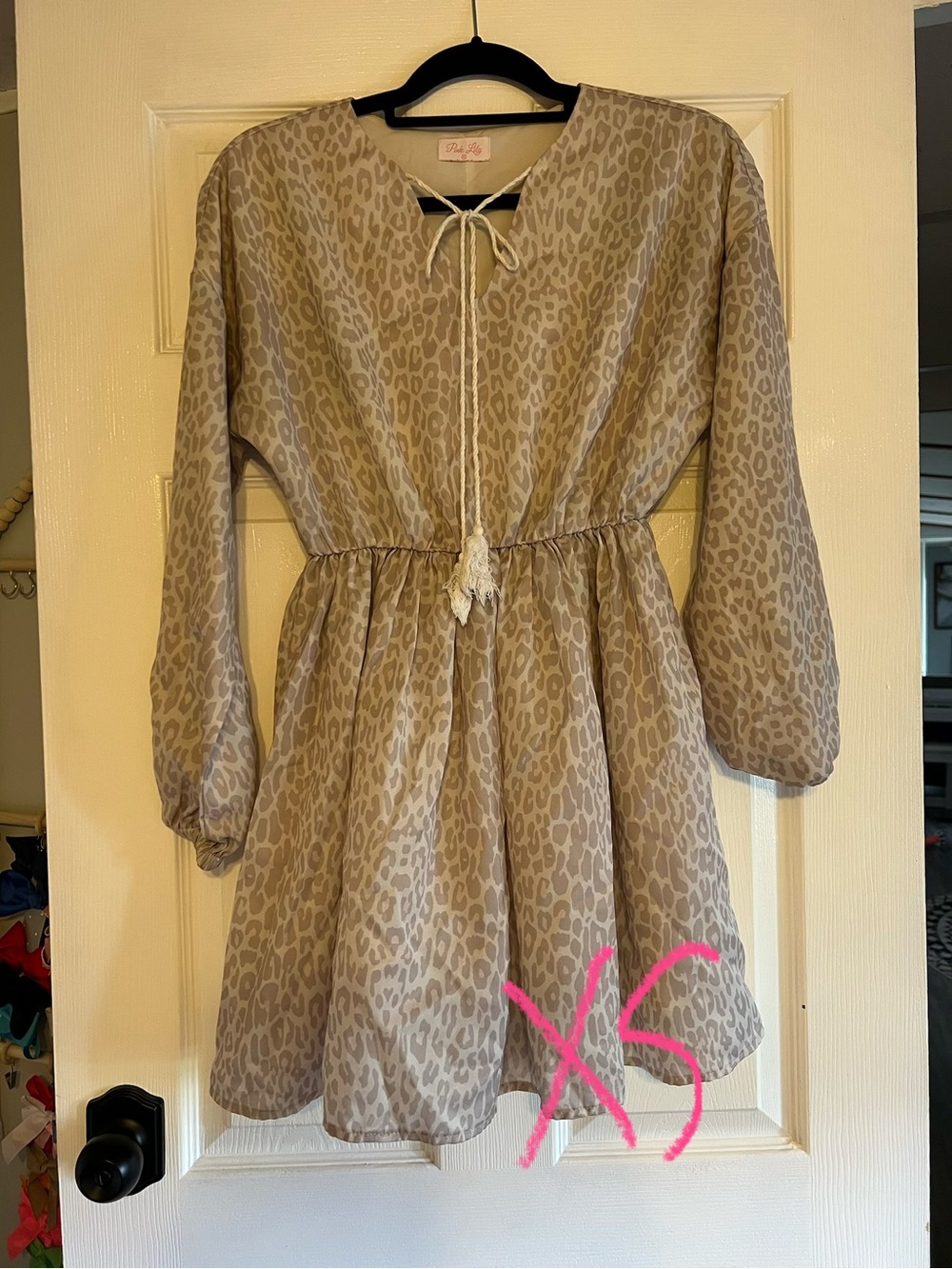 Pink Lily Beige Leopard-Print Long Sleeve Dress with Tassel Tie